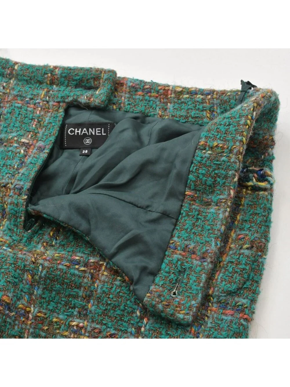 Chanel Tweed Flare Pants CC Logo Green Multicolor